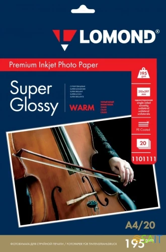 Фотобумага Lomond 1101111 A4/195г/м2/20л./тепло-белый супер глянец для струйной печати