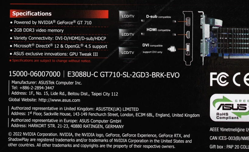 Видеокарта Asus PCI-E 2.0 GT710-SL-2GD3-BRK-EVO NVIDIA GeForce GT 710 2Gb 64bit DDR3 954/900 DVIx1 HDMIx1 CRTx1 HDCP Ret low profile