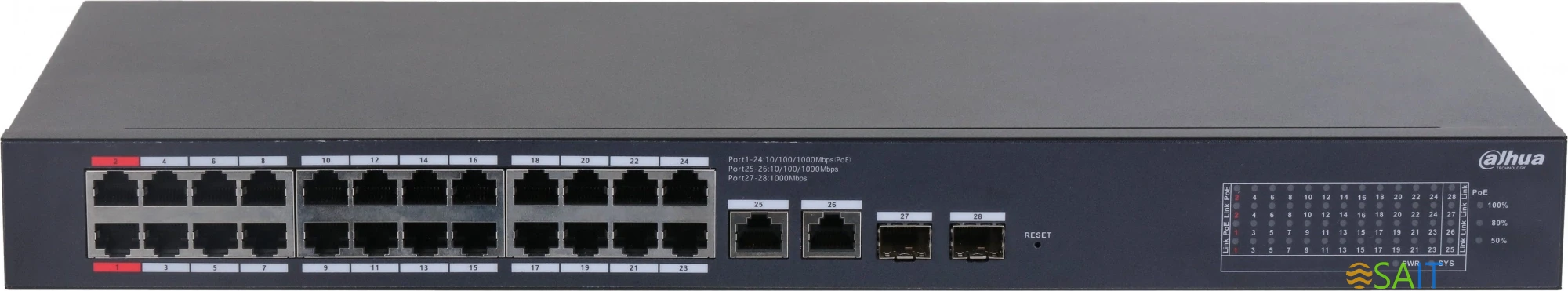 Коммутатор Dahua DH-CS4228-24GT-375 (L2) 24x1Гбит/с 2xКомбо(1000BASE-T/SFP) 2SFP 24PoE 375W управляемый