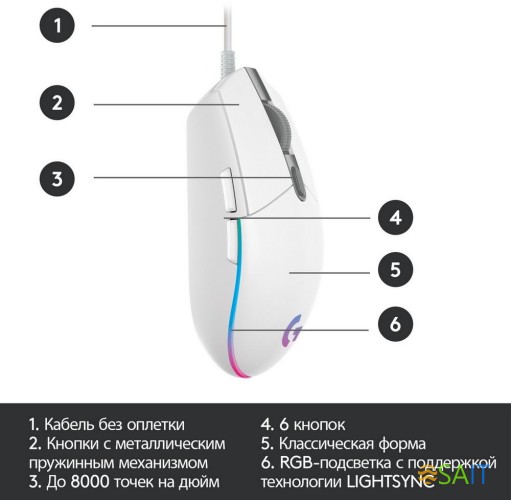 Мышь Logitech G102 LightSync белый оптическая 8000dpi USB 5but (910-005809)