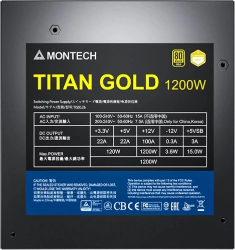 Блок питания Montech ATX 1200W TITAN GOLD Gen.5 80+ gold (20+4pin) APFC 135mm fan 12xSATA Cab Manag RTL