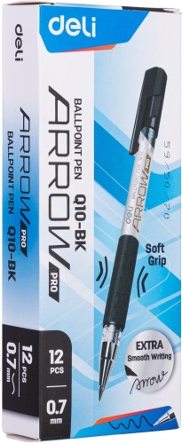 Набор ручек шариков. Deli Arrow (EQ10-BK-P) синий мет./черный черн. черн. кор.карт. (12шт) сменный стержень линия 0.7мм резин. манжета