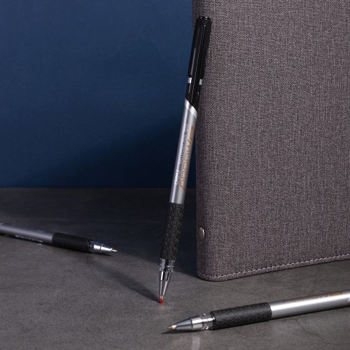 Набор ручек шариков. Deli Arrow (EQ10-BK-P) синий мет./черный черн. черн. кор.карт. (12шт) сменный стержень линия 0.7мм резин. манжета