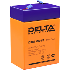 Батарея DELTA серия DTM, DTM 6045, напряжение 6В, емкость 4.5Ач (разряд 20 часов),  макс. ток разряда (5 сек.) 67.5А, макс. ток заряда 1.32А, свинцово-кислотная типа AGM, клеммы F1, ДxШxВ 70х47х101мм., вес 0.78кг., срок службы 6 лет. Delta DTM 6045 (6V / 