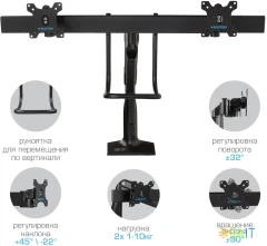 Кронштейн для мониторов Kromax OFFICE-20 черный 17"-35" макс.10кг настольный поворот и наклон