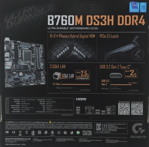 Материнская плата Gigabyte B760M DS3H DDR4 Soc-1700 Intel B760 4xDDR4 mATX AC`97 8ch(7.1) 2.5Gg RAID+VGA+HDMI+DP