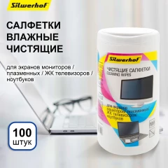 Салфетки Silwerhof 671214 для экранов мониторов/плазменных/ЖК телевизоров/ноутбуков туба 100шт влажных
