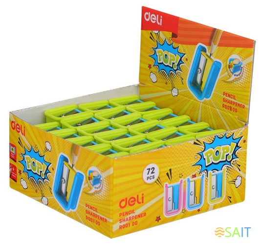 Точилка для карандашей ручная Deli ER00100 PoP 1 отверстие пластик ассорти дисплей