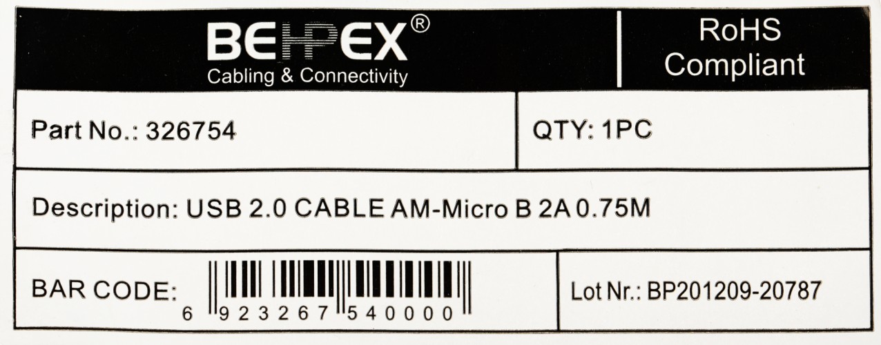 Кабель 2A Smooth connector USB (m)-micro USB (m) 0.75м черный