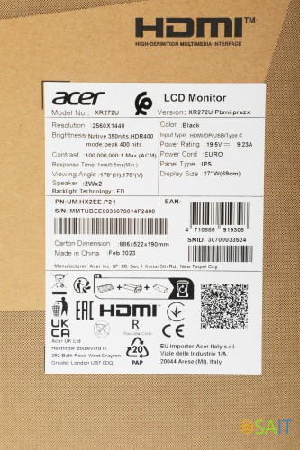 Монитор Acer 27" Nitro XR272UPbmiipruzx черный IPS LED 1ms 16:9 HDMI M/M матовая HAS Piv 400cd 178гр/178гр 2560x1440 170Hz FreeSync Premium DP 2K USB 4.65кг