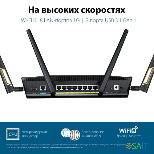 Роутер беспроводной Asus RT-AX88U PRO AX6000 10/100/1000/2500BASE-TX/4G ready черный