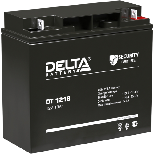 Батарея DELTA серия DT, DT 1218, напряжение 12В, емкость 18Ач (разряд 20 часов),  макс. ток разряда (5 сек.) 250А, макс. ток заряда 5.4А, свинцово-кислотная типа AGM, клеммы под гайку и болт M6, ДxШxВ 181х77х160мм., вес 5.2кг., срок службы 5 лет. Delta DT