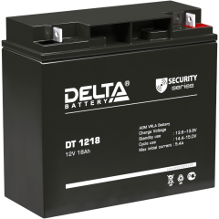 Батарея DELTA серия DT, DT 1218, напряжение 12В, емкость 18Ач (разряд 20 часов), макс. ток разряда (5 сек.) 250А, макс. ток заряда 5.4А, свинцово-кислотная типа AGM, клеммы под гайку и болт M6, ДxШxВ 181х77х160мм., вес 5.2кг., срок службы 5 лет. Delta DT