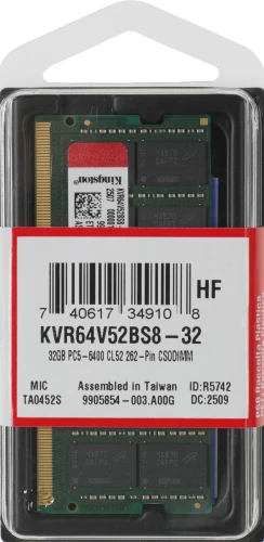 Память DDR5 32GB 6400MHz Kingston KVR64V52BS8-32 Valueram RTL PC5-51200 CL52 SO-DIMM 262-pin 1.1В single rank Ret