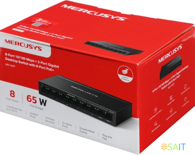 Коммутатор Mercusys MS110CP (L2) 8x100Мбит/с 2x1Гбит/с 8PoE+ 65W неуправляемый