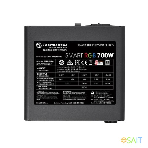 Блок питания Thermaltake ATX 700W Smart RGB 700 80+ white (20+4pin) APFC 120mm fan color LED 6xSATA RTL