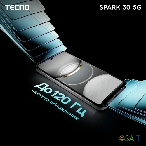 Смартфон Tecno Spark 30 5G 128Gb 6Gb голубой моноблок 3G 4G 2Sim 6.67" 720x1600 Android 14 108Mpix 802.11 a/b/g/n/ac NFC GPS GSM900/1800 Protect FM microSD max1024Gb