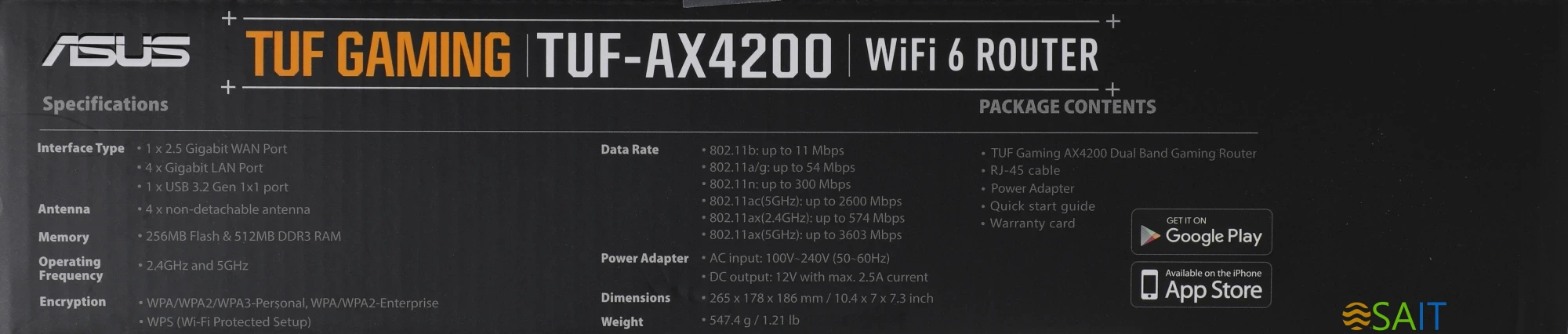 Роутер беспроводной Asus TUF-AX4200 AX4200 10/100/1000/2500BASE-TX/4G ready черный