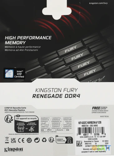 Память DDR4 4x32GB 3200MHz Kingston KF432C16RB2K4/128 Fury Renegade Black RTL Gaming PC4-25600 CL16 DIMM 288-pin 1.35В kit dual rank с радиатором Ret