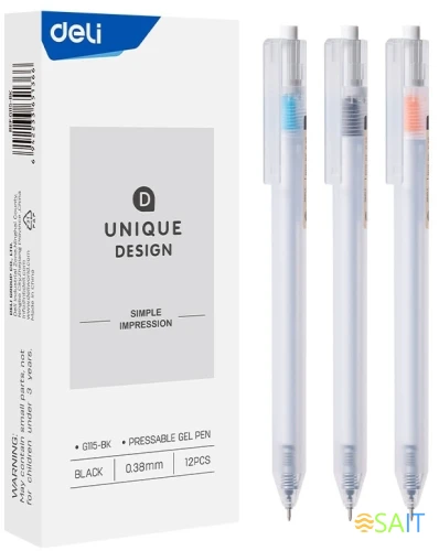 Ручка гелев. автоматическая Deli EG115-BK прозрачный/ассорти d=0.38мм черн. черн. игловидный пиш. наконечник