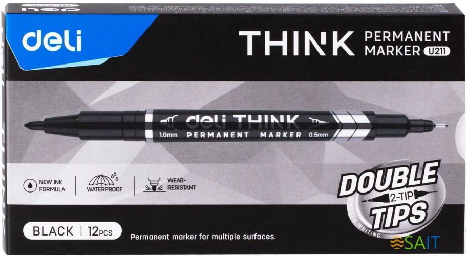 Маркер перманентный Deli EU211-BK Think двойной пиш. наконечник 0.5-1мм черный