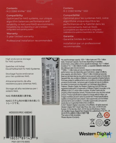 Накопитель SSD WD Original PCIe 3.0 x4 500GB WDS500G1R0C Red SN700 M.2 2280