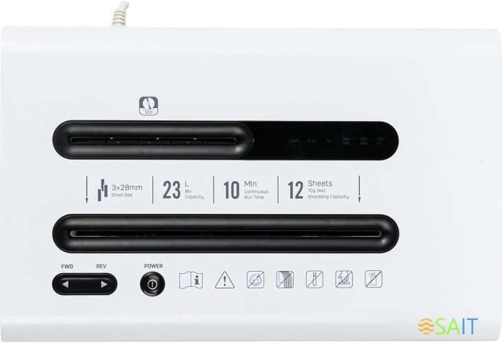 Шредер Deli E9903-EU белый/черный (секр.P-4) фрагменты 12лист. 23лтр. скрепки скобы пл.карты CD