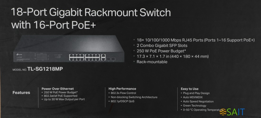 Коммутатор TP-Link TL-SG1218MP (L2) 18x1Гбит/с 2xКомбо(1000BASE-T/SFP) 16PoE+ 250W неуправляемый