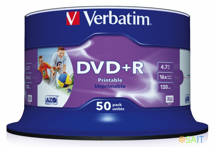 Диск DVD+R Verbatim 4.7Gb 16x Cake Box (50шт) Printable (43512)