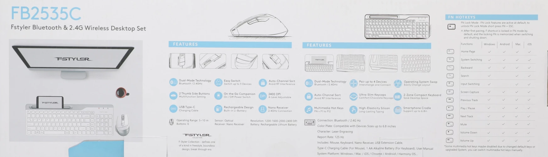 Клавиатура + мышь A4Tech Fstyler FB2535C клав:белый/серый мышь:белый/серый USB беспроводная Bluetooth/Радио slim (FB2535C ICY WHITE)