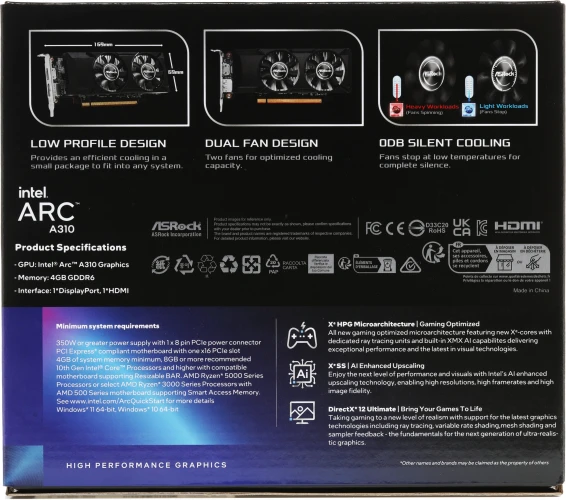 Видеокарта Asrock PCI-E 4.0 A310 LP 4G INTEL ARC A310 4Gb 64bit GDDR6 2000/15500 HDMIx1 DPx1 HDCP Ret low profile