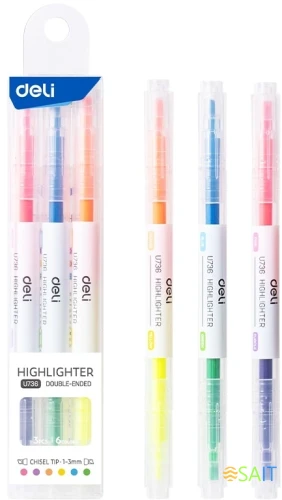 Набор текстовыделителей Deli EU736 скошенный пиш. наконечник двухсторонний 6цв. ассорти ПЭТ-бокс (6шт.)
