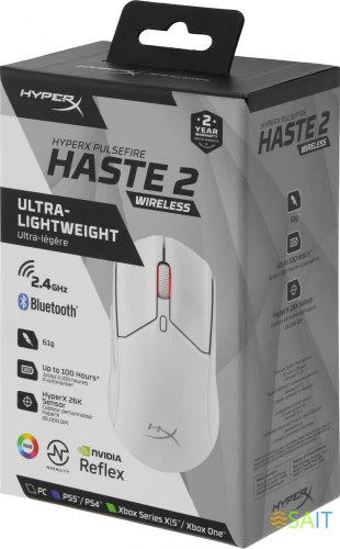 Мышь HyperX Haste 2 белый оптическая 26000dpi беспров. BT/Radio USB 5but (6N0A9AA)