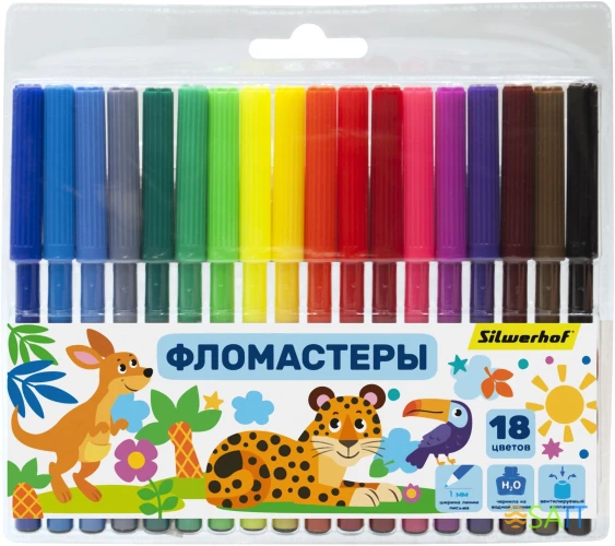 Фломастеры Silwerhof Веселые друзья 7.2мм 125мм круг. Вентилируемый 18цв. пакет с европодвесом