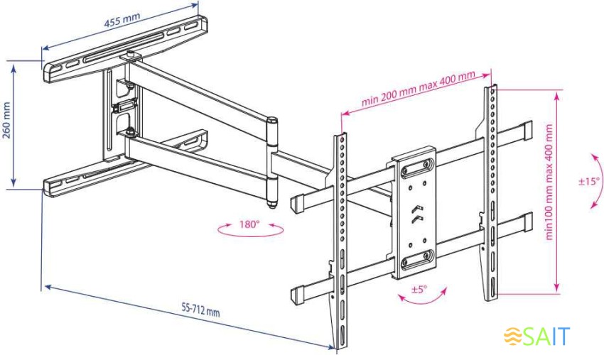 Кронштейн для телевизора Kromax DIX-20 черный 22"-65" макс.45кг настенный поворотно-выдвижной и наклонный