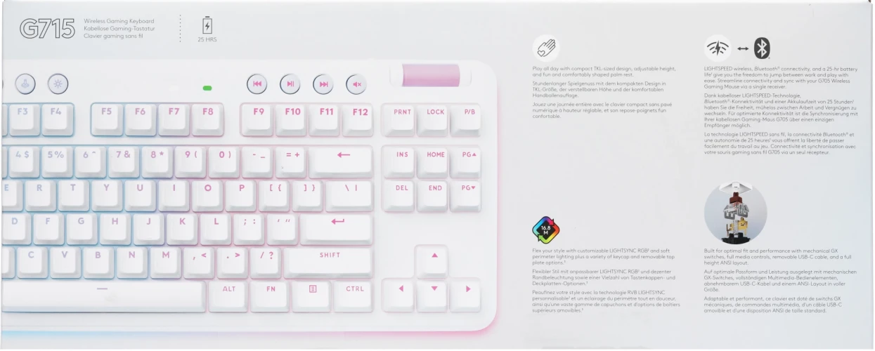 Клавиатура Logitech G715 TKL механическая белый USB беспроводная BT/Radio Multimedia for gamer LED (подставка для запястий) (920-010464)