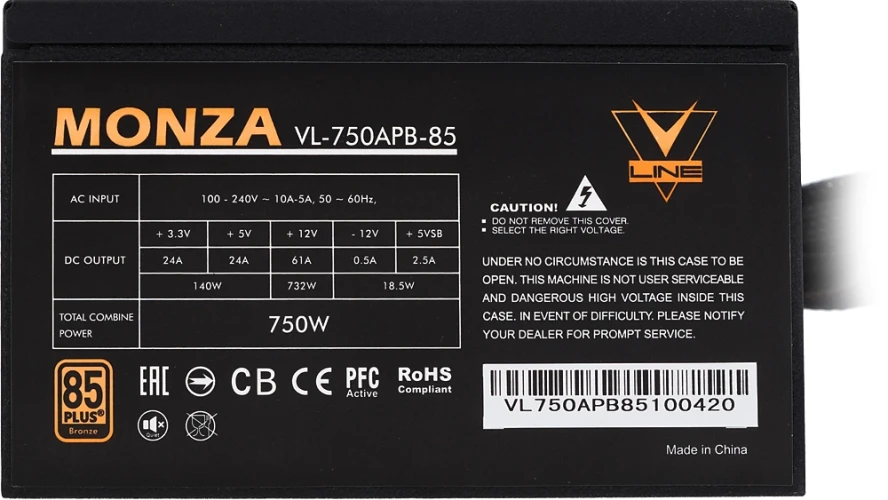Блок питания Formula ATX 750W MONZA VL-750APB-85 80+ bronze (20+4pin) APFC 120mm fan 7xSATA RTL