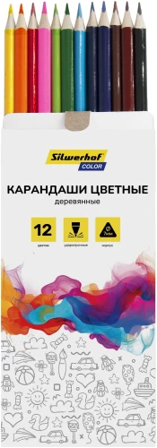 Карандаши цв. Silwerhof Color 2.65мм трехгран. дерево ассорти 12цв. коробка/европод.