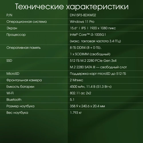 Ноутбук Digma Pro Breve S Core i3 1005G1 8Gb SSD512Gb Intel UHD Graphics 15.6" IPS FHD (1920x1080) Windows 11 Professional dk.grey WiFi BT Cam 4500mAh (DN15P3-8DXW02)