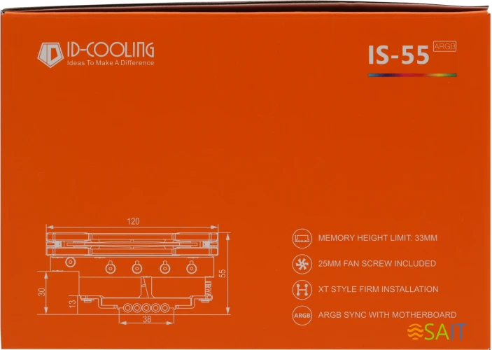 Устройство охлаждения(кулер) ID-Cooling IS-55 ARGB ARGB Soc-AM5/AM4/1200/1700/1851 черный 4-pin 31.2-31.2dB Al+Cu 125W 450gr Ret