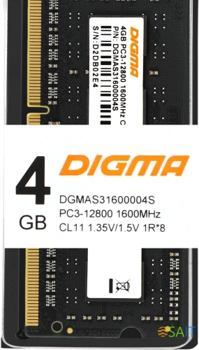 Память DDR3 4GB 1600MHz Digma DGMAS31600004S RTL PC3-12800 CL11 SO-DIMM 204-pin 1.35В single rank Ret