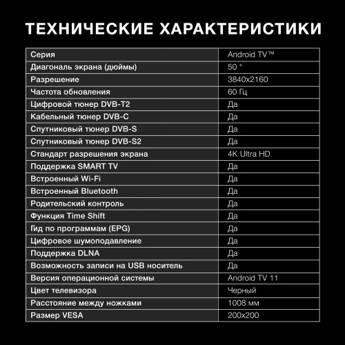 Телевизор LED Hyundai 50" H-LED50BU7006 Android TV Frameless Metal черный 4K Ultra HD 60Hz DVB-T2 DVB-C DVB-S DVB-S2 USB WiFi Smart TV