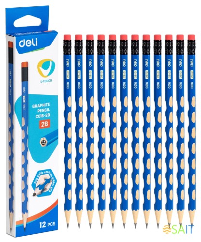 Карандаш ч/г Deli EC016-2B U-Touch 2B трехгран. (12шт) ластик