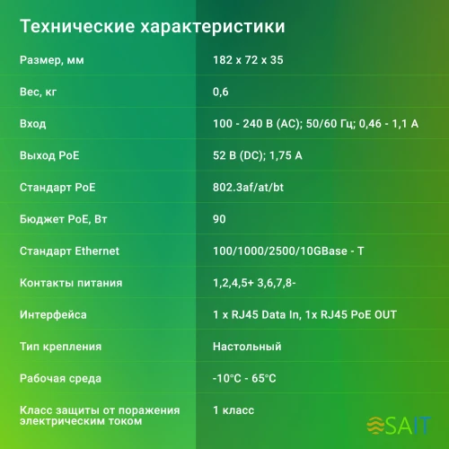 Инжектор PoE Digma DNP90W52GWXM 100/1000/2500/10GBASE-T 90Вт 100-240В(АС)