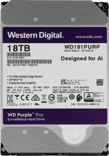 Жесткий диск WD SATA-III 18TB WD181PURP Surveillance Purple Pro (7200rpm) 512Mb 3.5"