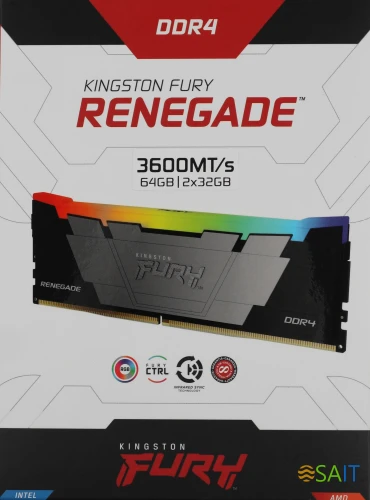 Память DDR4 2x32GB 3600MHz Kingston KF436C18RB2AK2/64 Fury Renegade RGB RTL Gaming PC4-28800 CL18 DIMM 288-pin 1.35В dual rank с радиатором Ret