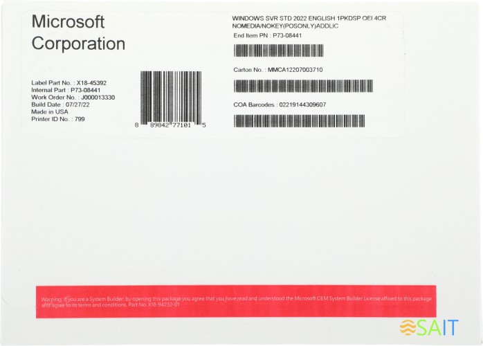 ПО Microsoft Windows Server Standard 2022 Eng 1pkDSP OEI 4Cr NoMedia/NoKey(POSOnly)AddLic (P73-08441)