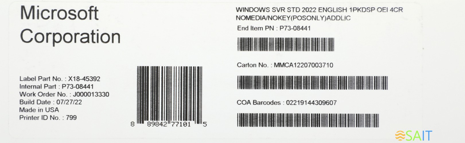 ПО Microsoft Windows Server Standard 2022 Eng 1pkDSP OEI 4Cr NoMedia/NoKey(POSOnly)AddLic (P73-08441)