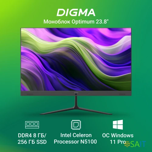 Моноблок Digma Optimum 23.8" Full HD Cel N5100 (1.1) 8Gb SSD256Gb UHDG CR Windows 11 Professional Eth WiFi BT 36W клавиатура мышь Cam черный 1920x1080