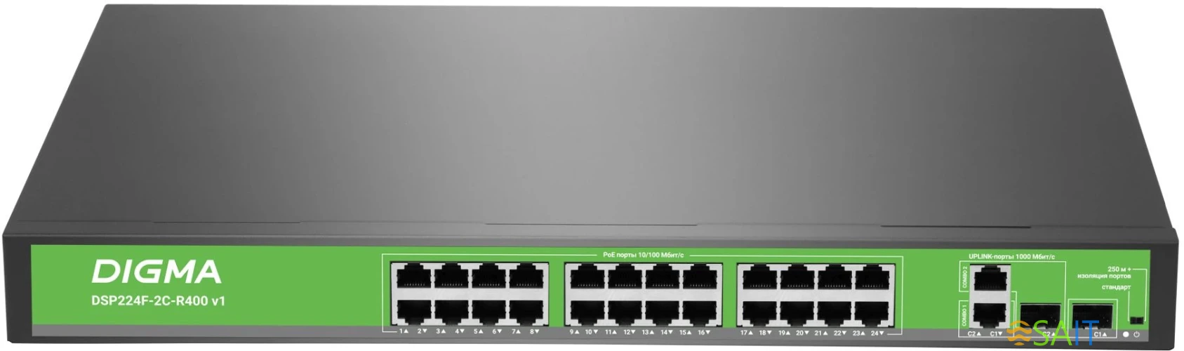 Коммутатор Digma DSP224F-2C-R400 DSP224F-2C-R400 V1 (L2) 24x100Мбит/с 2xКомбо(1000BASE-T/SFP) 24PoE 24PoE+ 400W неуправляемый